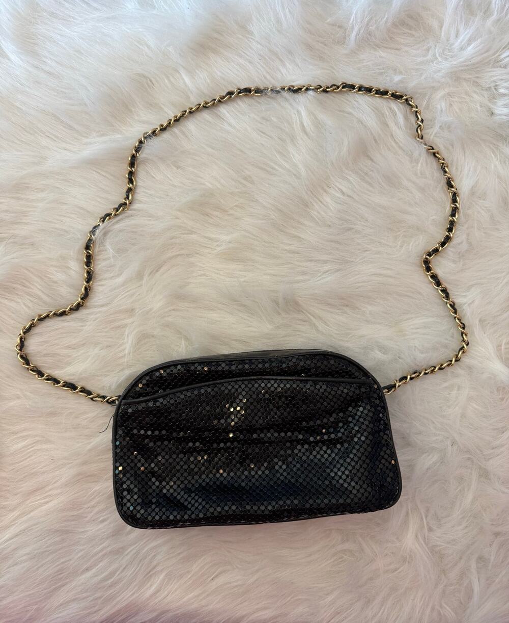 Vintage 80s 90s Black Metal Mesh Crossbody Bag Gold Interwoven Chain Evening